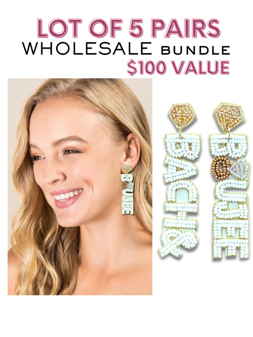 NEW Wholesale LOT OF 5 BACHELORETTE PARTY Bach + Boujee Beaded Wedding Earrings